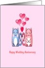 Cats Wedding Anniversary two cartoon cats, pink & blue with balloons, card