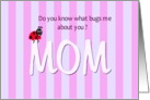 Mom ladybug birthday humor, ladybug sitting on word Mom, stripes card