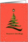 Season’s Greetings, Green modern Xmas Tree, Red & white background, card