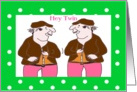 Hey twin birthday greetings, one male twin to the other, cartoon, card