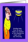 Spaceship aliens birthday cartoon humor, ufo, night, Jimmy’s clothes, card