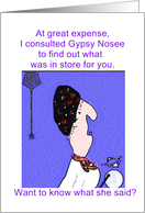 Funny fortune teller birthday greeting, spider, gypsy, crystal ball, card
