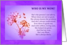 Mom’s Birthday, Who is my Mom, heartfelt verse to mother, purple, card