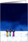 Christmas Carols on ice, three singers & reindeer on ice under stars card