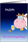 Caring mom on Mother’s Day humor, cute cow, humming bird,sharing, card