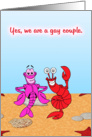 Gay couple announcement, pink & red lobsters on the beach, card