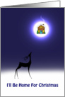 Christmas homecoming, reindeer gazing at house on moon, card