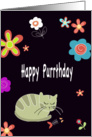 Happy Purrthday cute cat card, eyecatching colors, flowers, card