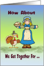 Thanksgiving dinner invite, pilgrim theme, comical turkey, card