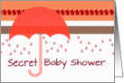 Secret Baby Shower invitation, strollers, umbrella, raindrops, card