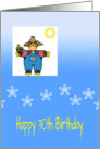 30th birthday scarecrow, blue sky, sunshine, dungarees, card