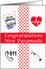 New paramedic congratulations, ambulance, red hearts, syringe, card