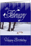 February birthday, icicles, snow, rabbits, bird, trees, blue, white, card