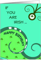 Irish birthday, greens, shamrocks, verse, swirls, card