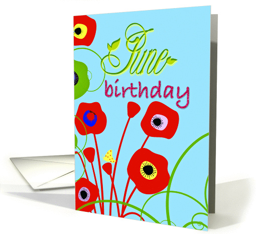 June birthday, red & yellow butterfly & flowers, summery sky blue card