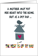 DIY Dad, Father’s Day humor, bird on roof nest with heart and hammer, card