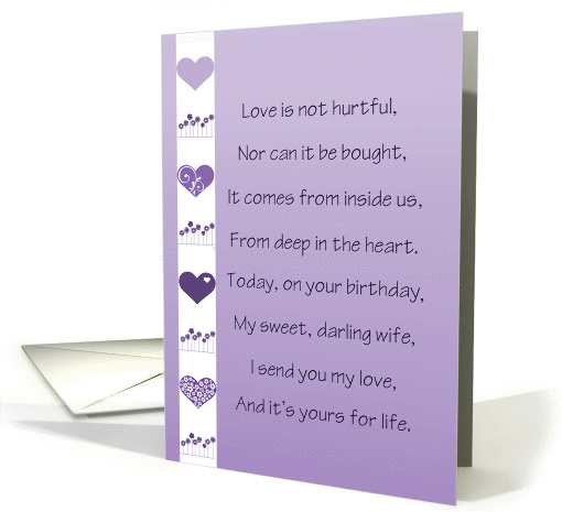 Birthday wife, hearts and flowers, lilac, white with verse, love card