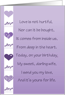 Birthday wife, hearts and flowers, lilac, white with verse, love card