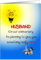 Husband anniversary humor, comic face, sexy lady, blue, yellow card