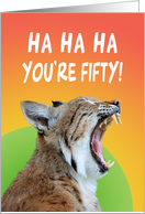 50th birthday wildcat screaming,ha ha ha, you’re fifty,orange,green, card