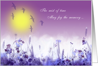 Remembrance of a friend, mist of time, pastel lilac,blue,violet,birds card