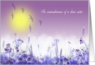 In remembrance of a dear sister, lilac, blue, white, meadow. birds card