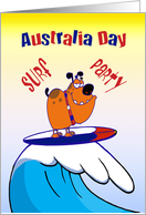 Australia Day surf party invitation, cute dog surfing, red,white,blue card