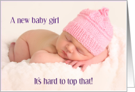Baby girl congratulations, cute sleeping baby in pink hat, card