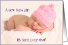 Baby girl congratulations, cute sleeping baby in pink hat, card