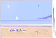 Beach and ocean birthday wishes, pastel calm sea scene. sea,sand, card