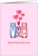 Cats Wedding Anniversary two cartoon cats, pink & blue with balloons, card