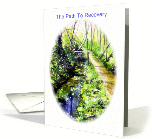 Health recovery, watercolor stream, path, sunshine, trees, green, card