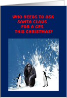 Christmas monkey and penguins, Chimp lost at south pole, gps joke card