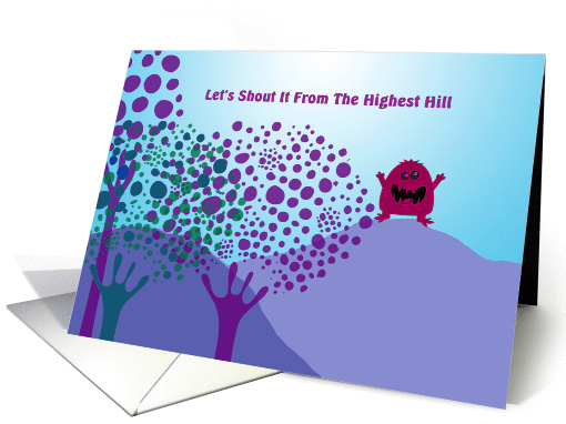 Child birthday, little purple monster shouting from hilltop card