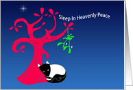 Folk art christmas cat, sleep in heavenly peace, tree, mistletoe, star card