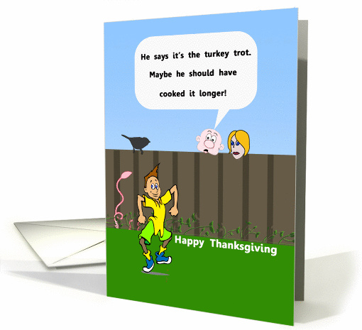 Thanksgiving turkey trot, humor, boy dancing, peering over fence, card
