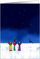 Christmas Carols on ice, three singers & reindeer on ice under stars card
