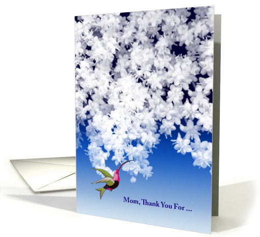 Mother's Day thanks, white blossoms with humming bird, card (908339)