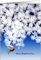 Mother’s Day thanks, white blossoms with humming bird, card