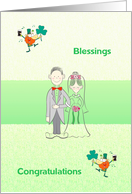 St Patrick’s day wedding congratulations, bride & groom, leprechauns, card