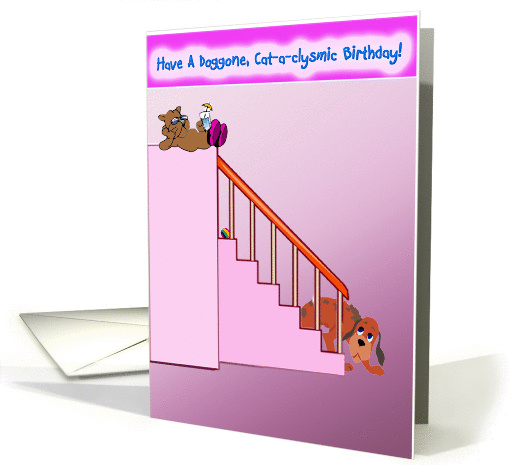 Birthday pet humor,cat stops dog from climbing stairs to... (911679)