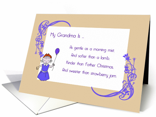 Grandma on grandparents day, little girl holding balloon & verse, card