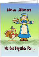 Thanksgiving dinner invite, pilgrim theme, comical turkey, card
