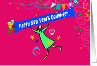 Happy New Year’s Daughter, champagne and party poppers, card