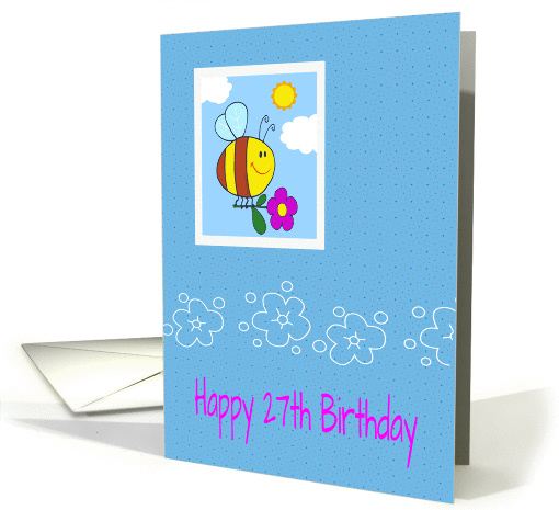 27th birthday wishes, cute bee holding flower in clouds, card (954753)
