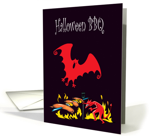 Halloween BBQ Invitation, Devil Roasting Hot Dogs, with Bat card