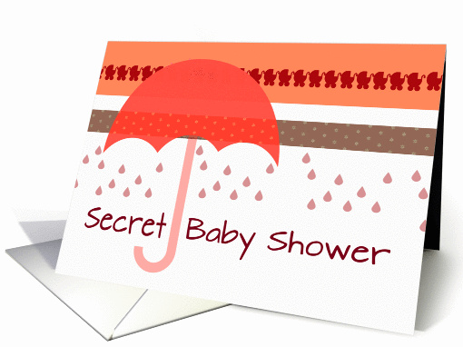 Secret Baby Shower invitation, strollers, umbrella, raindrops, card