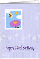 22nd birthday, lilac, cute bee, flower & tiny hearts, card
