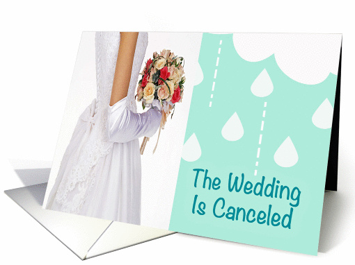 Wedding canceled, bride, raindrops, mint, white, bouquet, card