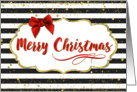 Christmas Card - Merry Christmas Red Bow and Black and White Stripes card